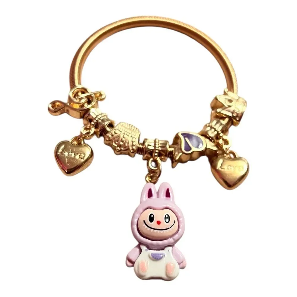 🤯5/$25🤯 Stretchy Purple Labubu Love Heart Crown Note Gold Child’s Charm Bracelet